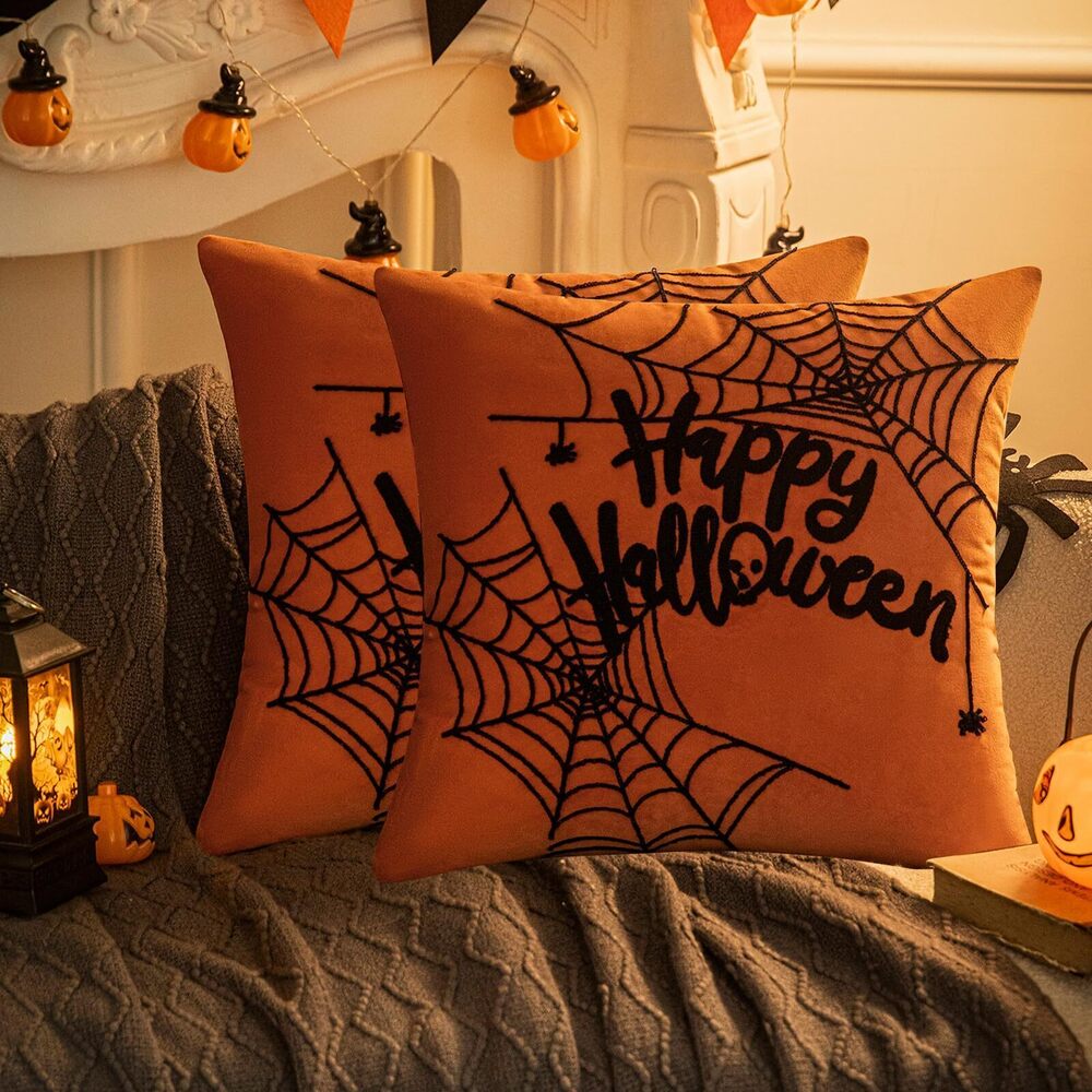 5608 2 Pcs Velvet Halloween Day Throw Pillow Covers 18x18 in，Spider Web